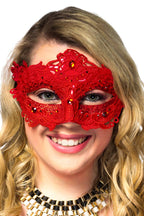 Red Lace Overlay Masquerade Mask with Glitter and Jewels