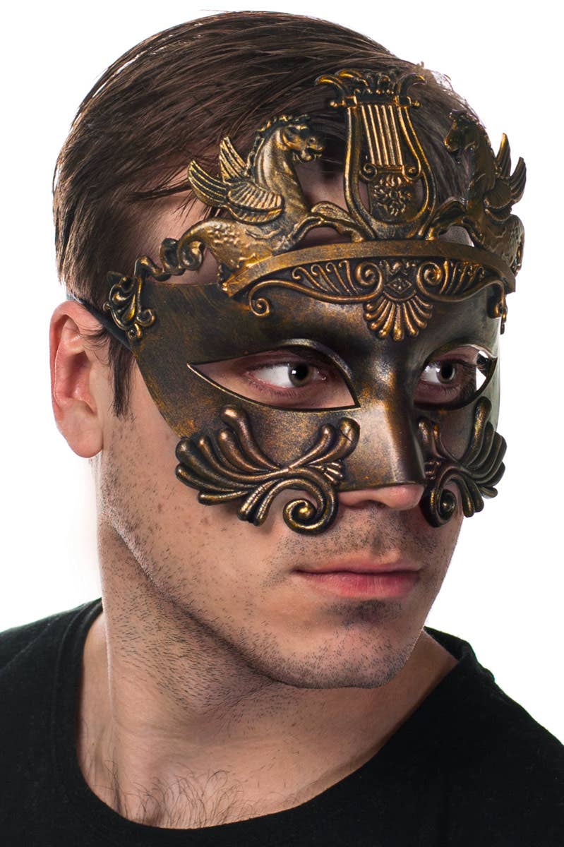 Antique Bronze Men's Ancient Centurion Masquerade Mask - Side View