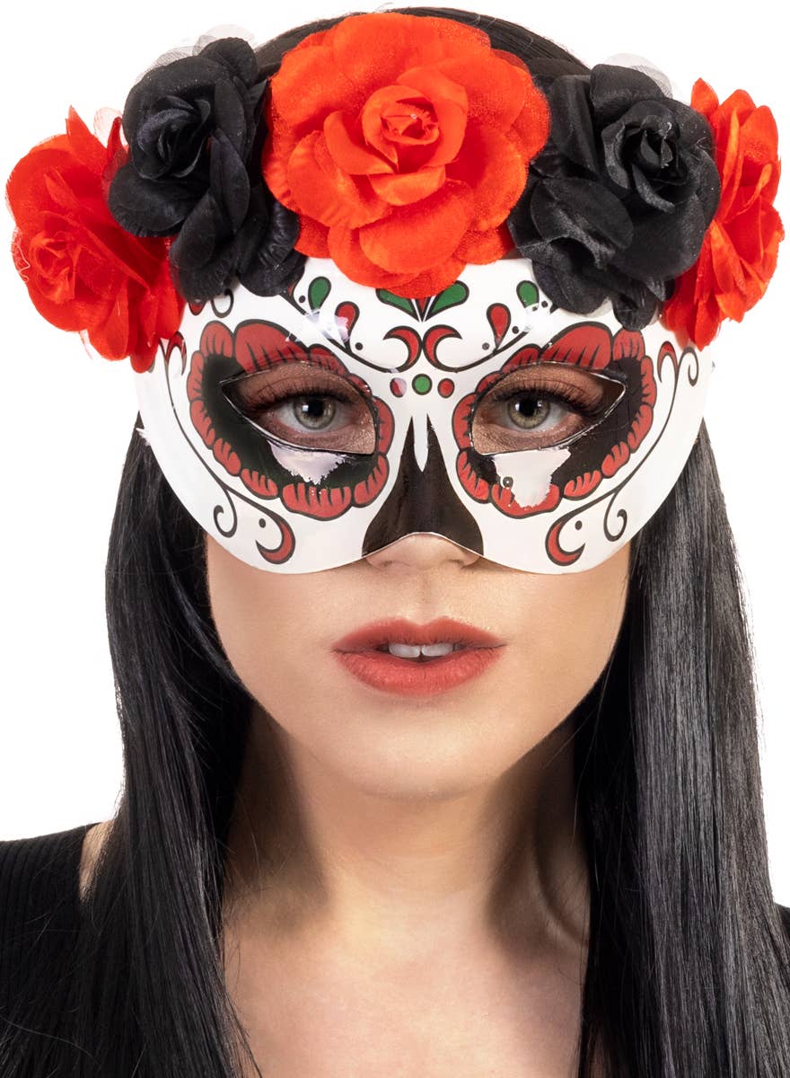 Womens Red and Black Day of the Dead Masquerade Mask with Roses - Main Image