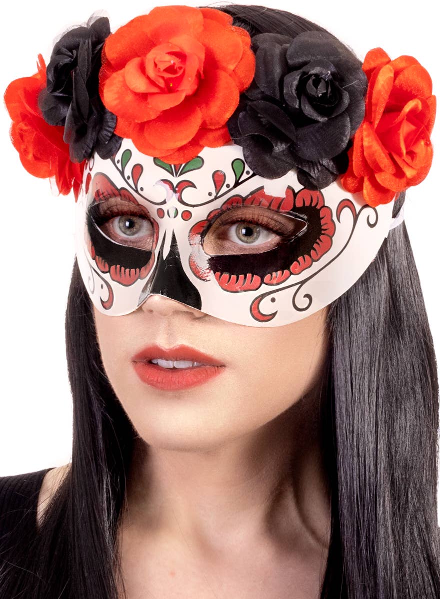 Womens Red and Black Day of the Dead Masquerade Mask with Roses - Alternate Image