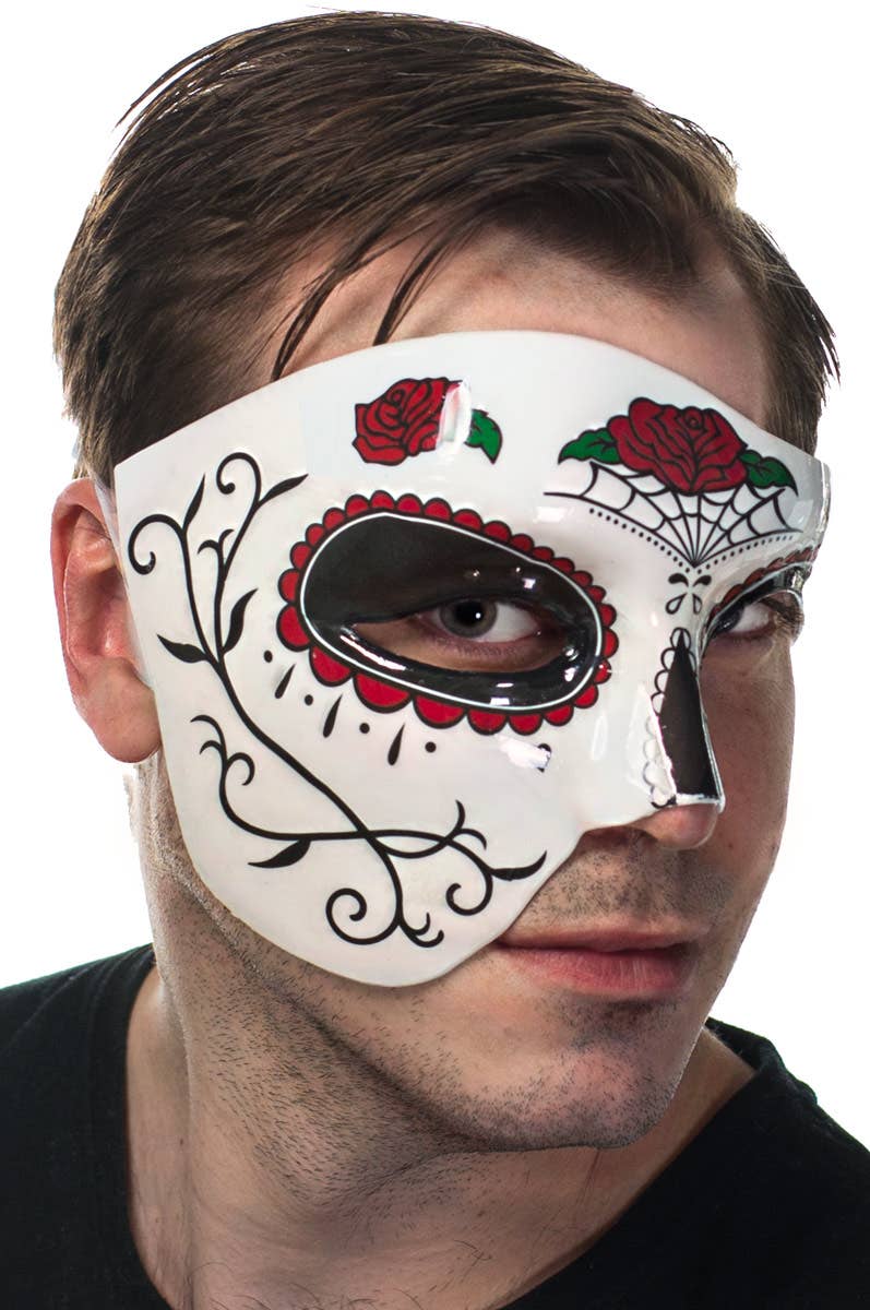 Men's Roses Sugar Skull Day of the Dead Half Face Masquerade Mask Side View