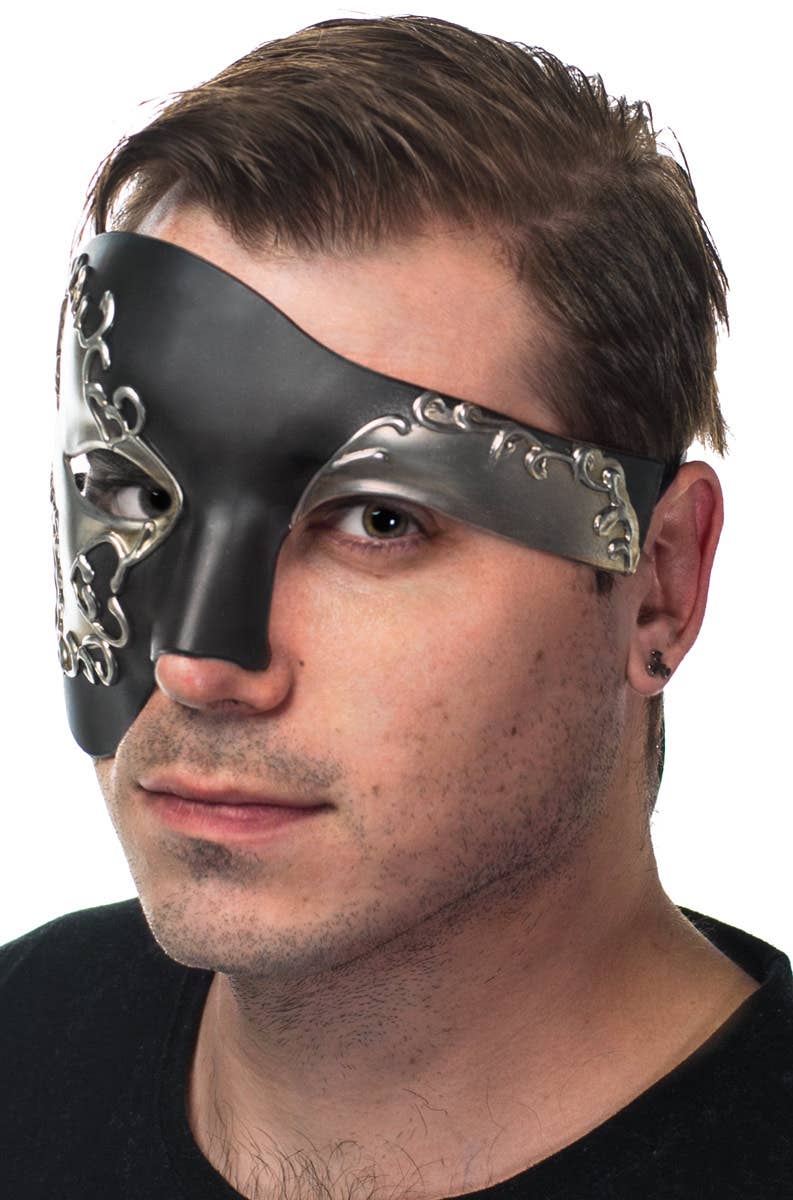 Men's Silver and Black Over Eye Masquerade Mask Side View 2