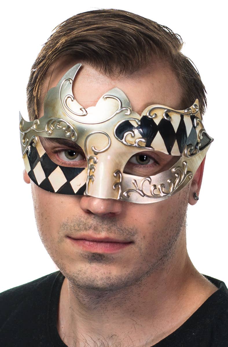 Men's Silver Black and Cream Harlequin Pattern Masquerade Mask - Front Image