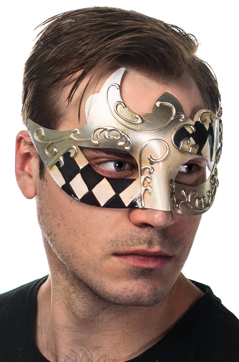 Men's Silver Black and Cream Harlequin Pattern Masquerade Mask - Main Image