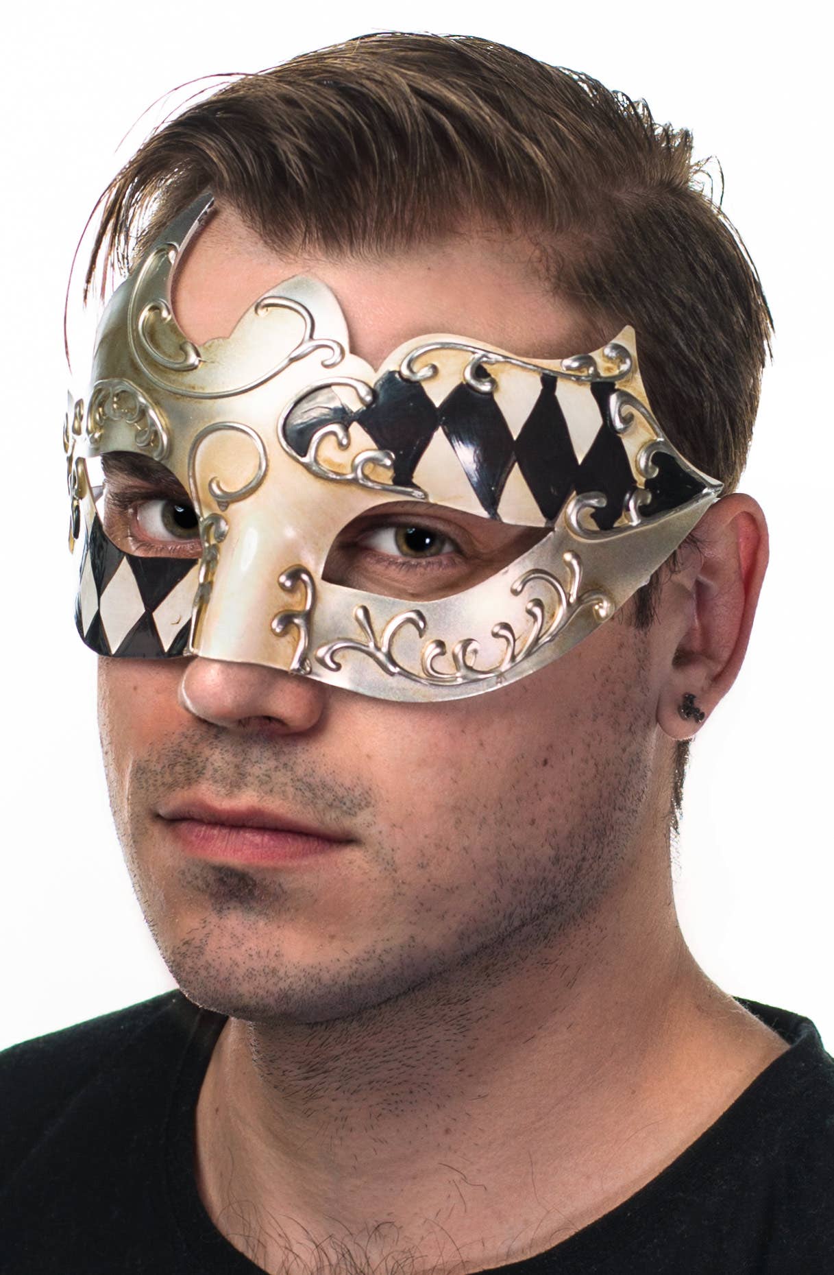 Men's Silver Black and Cream Harlequin Pattern Masquerade Mask - Side Image