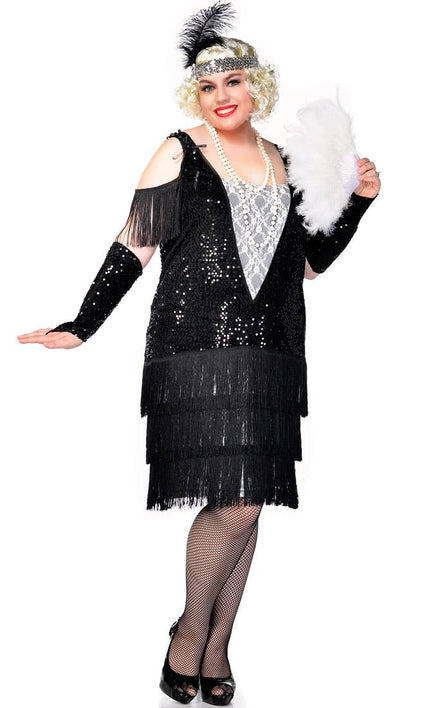 Women's Black and White 1920's Great Gatsby Plus Size Flapper Costume Front