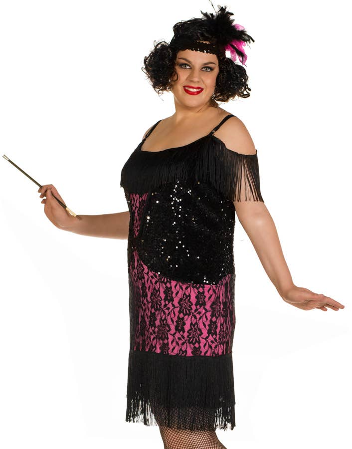 Pink and Black Lace 1920's Plus Size Women's Flapper Dress Front