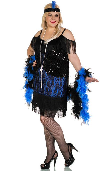 Miss Elsie Plus Size Deluxe Black and Blue Womens Flapper Gatsby Costume - Front Image