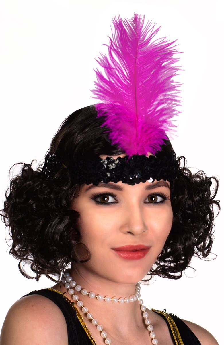 Black and Pink Feather 1920s Flapper Costume Headband - View 2