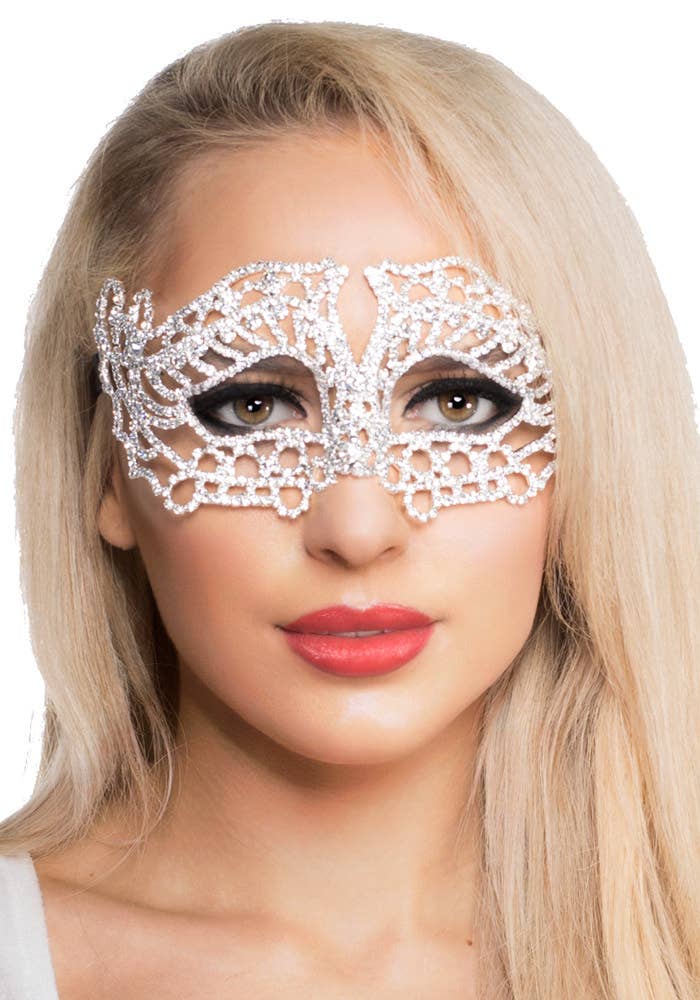 White Metal Masquerade Mask with Rhinestones