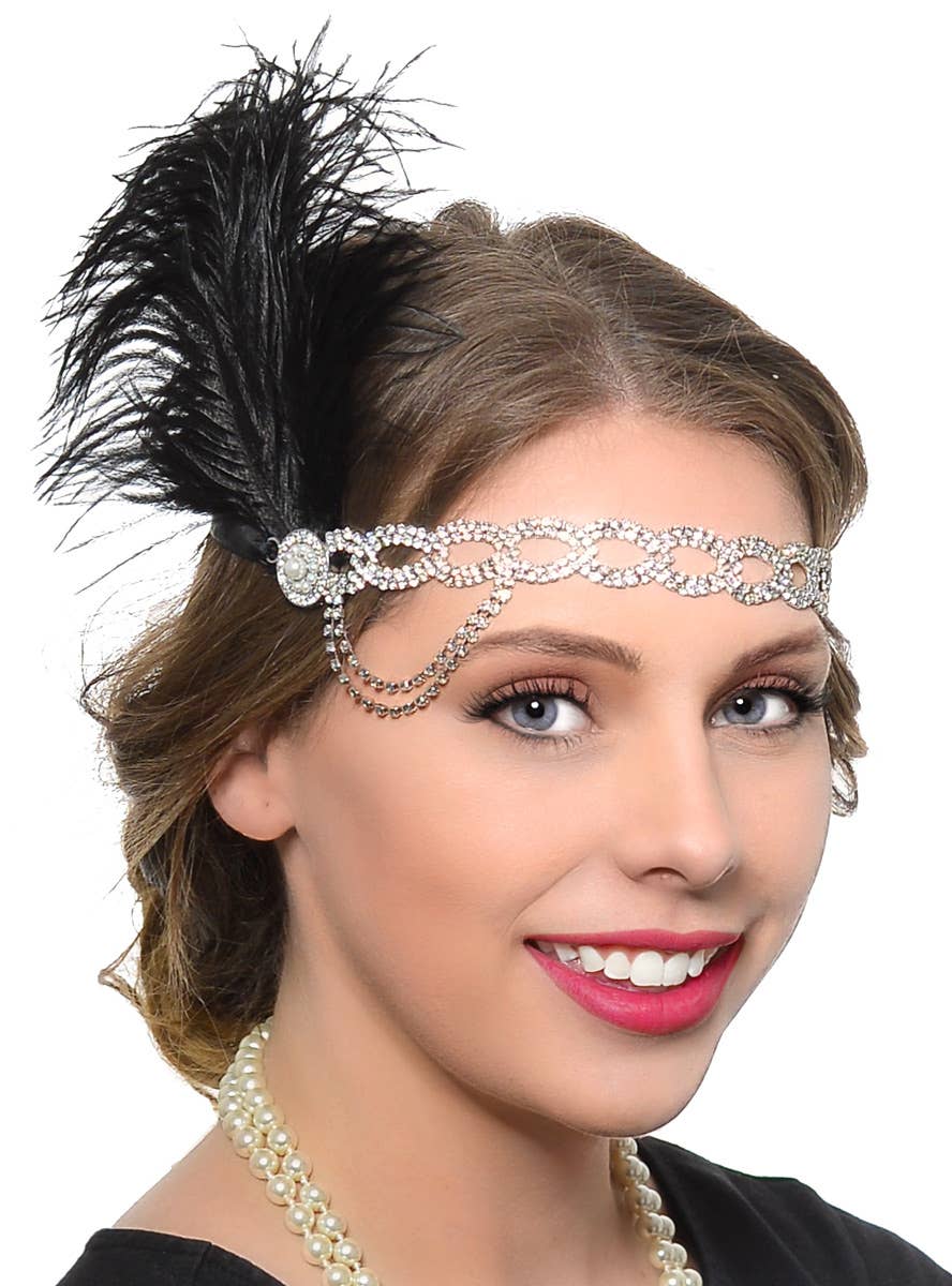 Deluxe 5 Piece 20s Gatsby Flapper Costume Accessory Set - Rhinestone and Feather Headband  Image