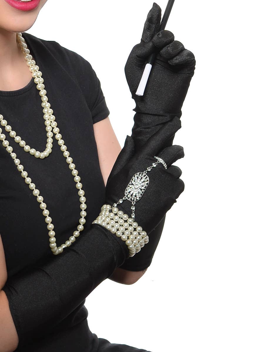 Deluxe 5 Piece 20s Gatsby Flapper Costume Accessory Set - Black Satin Gloves  Image