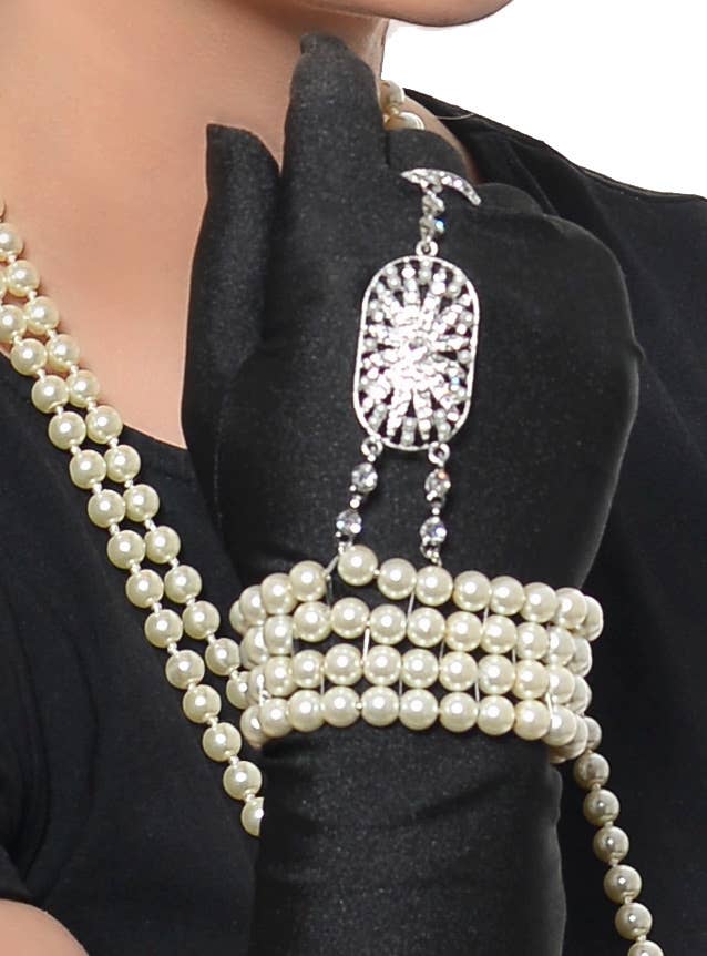 1920s Gatsby Deluxe Rhinestones and Pearls 5 Piece Flapper Costume Accessory Set - Bracelet and Ring  Imag