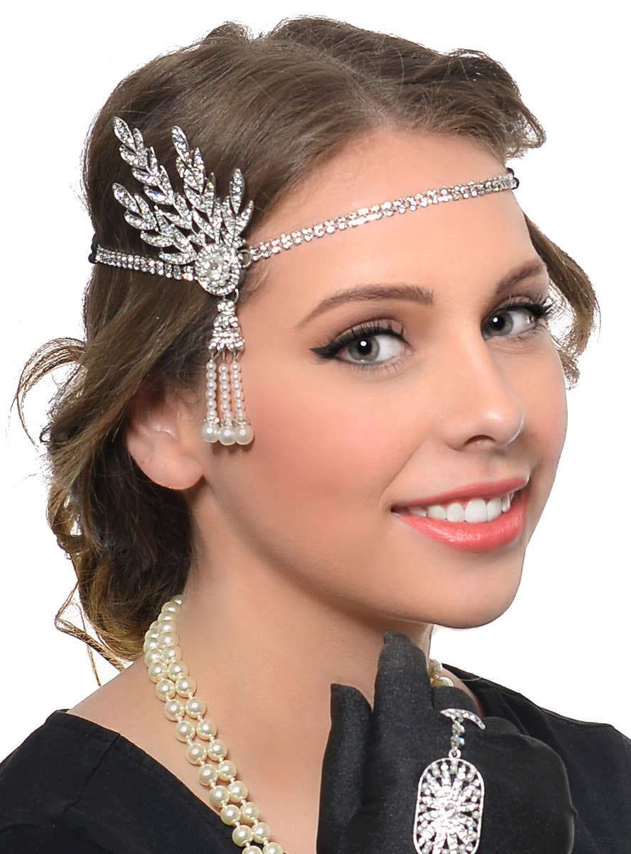 1920s Gatsby Deluxe Rhinestones and Pearls 5 Piece Flapper Costume Accessory Set -Headpiece  Imag