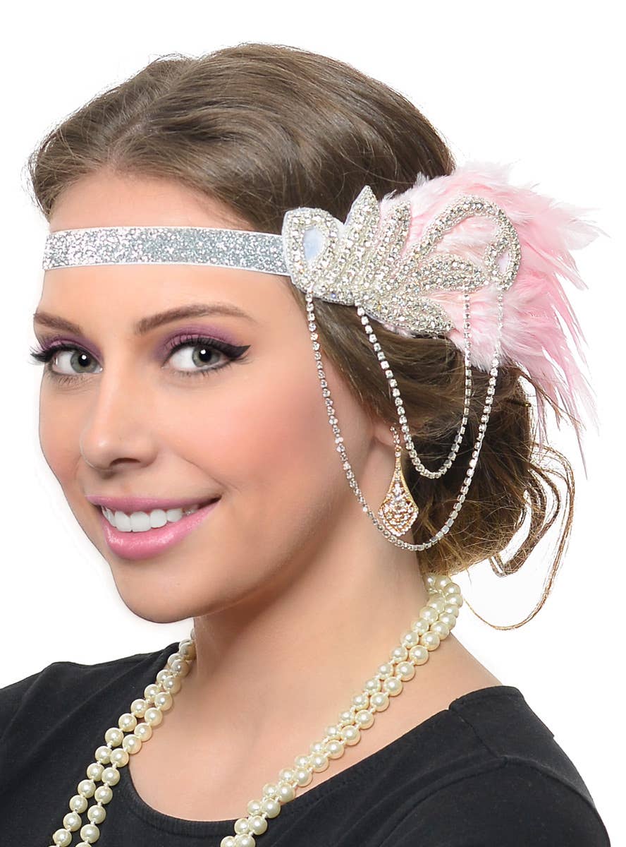 Light Pink and Rhinestone 20s Gatsby Deluxe Costume Accessory Set - Feather Flapper Headband View Image