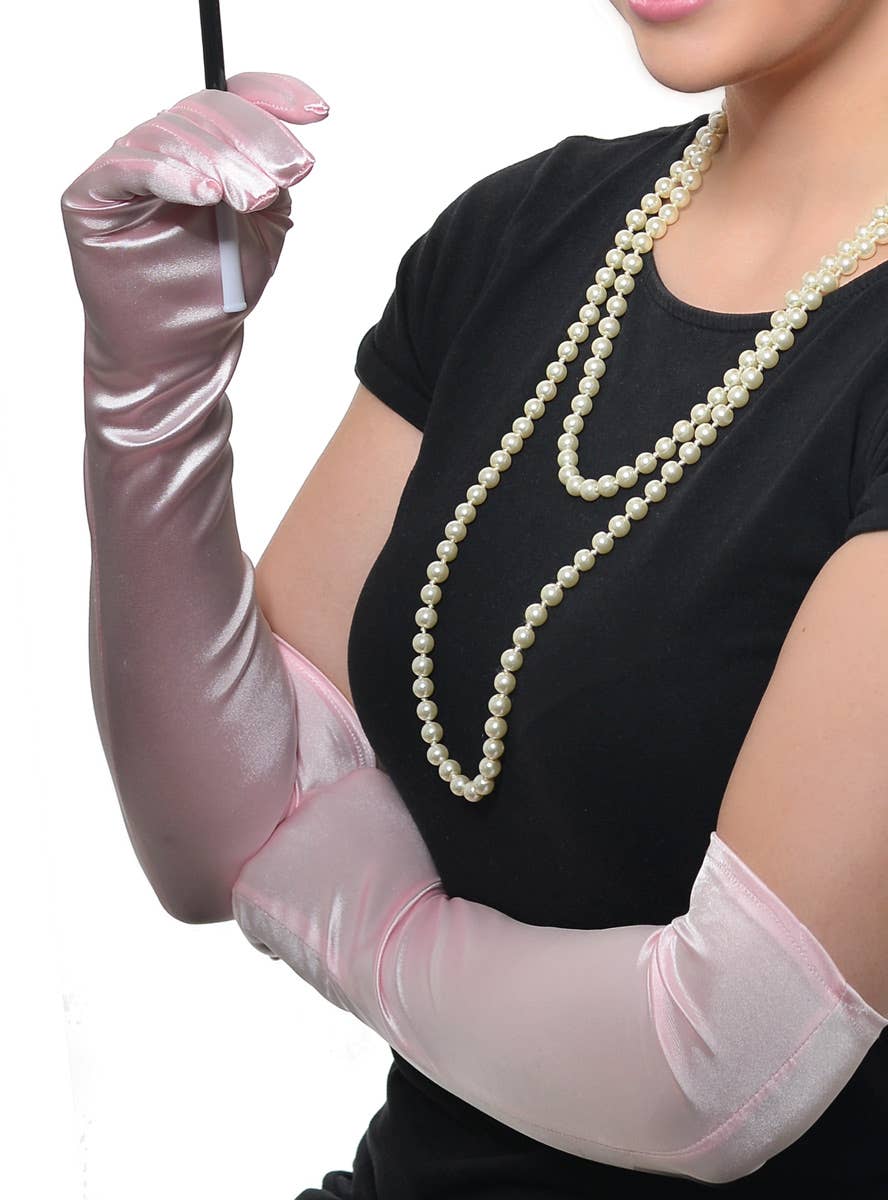 Light Pink and Rhinestone 20s Gatsby Deluxe Costume Accessory Set - Pink Satin Gloves  Image