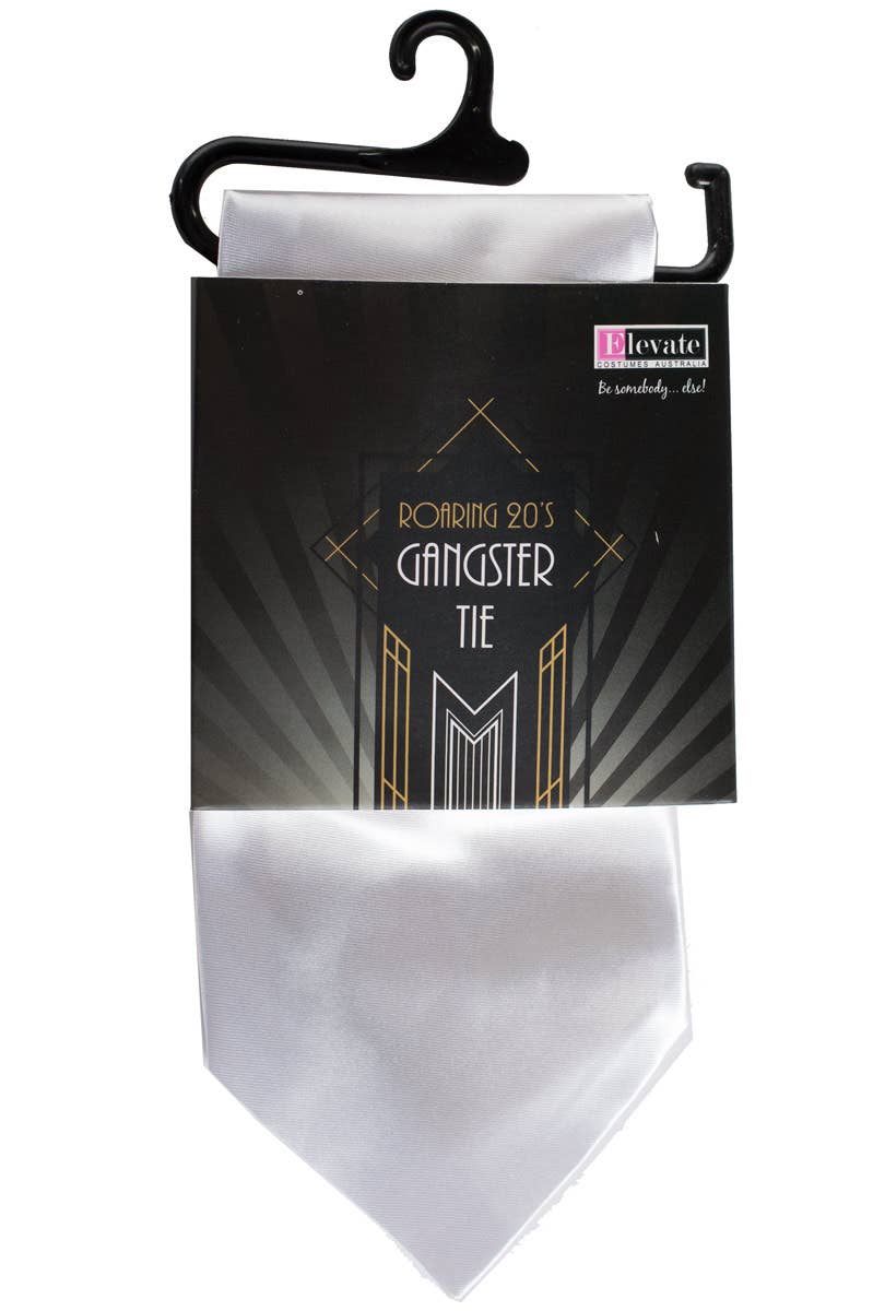 White Satin Zip Up 1920s Gangster Costume Tie -  Packet Image