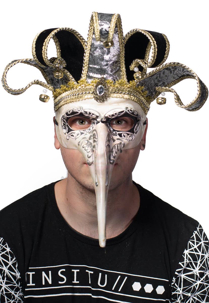 Deluxe Men's Long Nose Jester King Masquerade Mask View 1