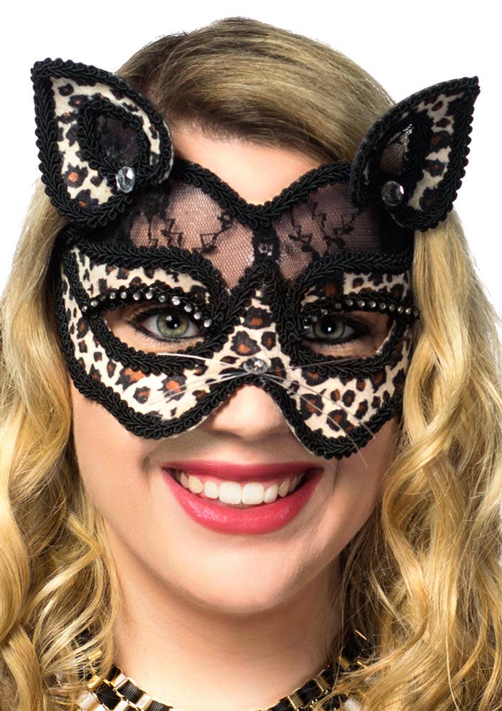 Black Lace and Leopard Print Velvet Cat Face Masquerade Mask View 1
