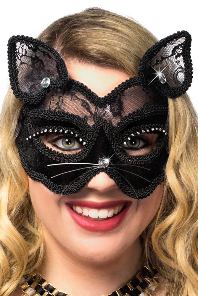 Black Velvet and Lace Deluxe Feline Cat Masquerade Mask View 1