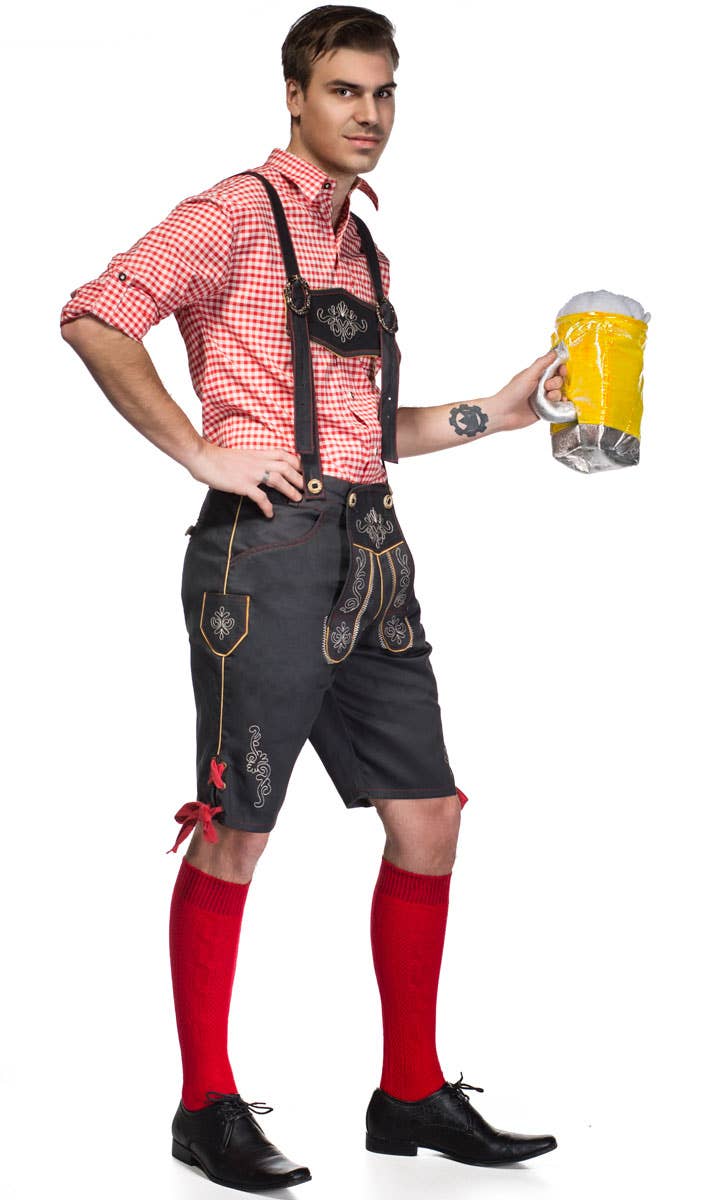 Men's Red and Grey Lederhosen Oktoberfest Outfit German Costume - Side View