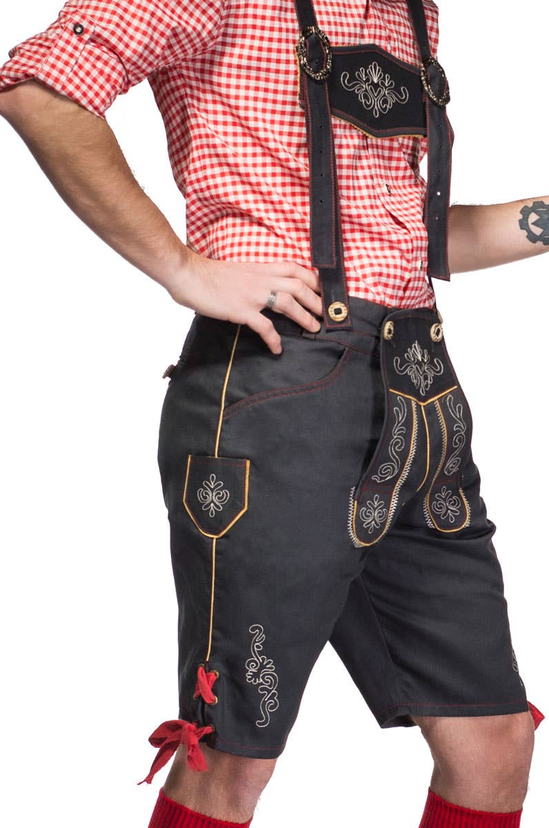 Men's Red and Grey Lederhosen Oktoberfest Outfit German Costume - Close View