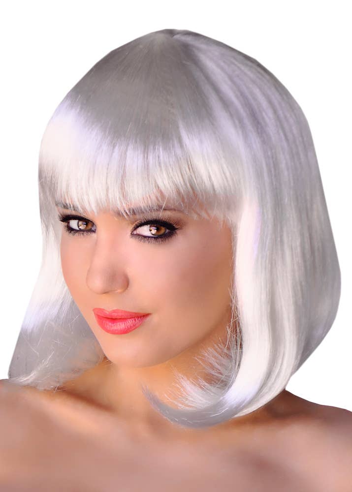 Short White Women's Bob Costume Wig with Fringe