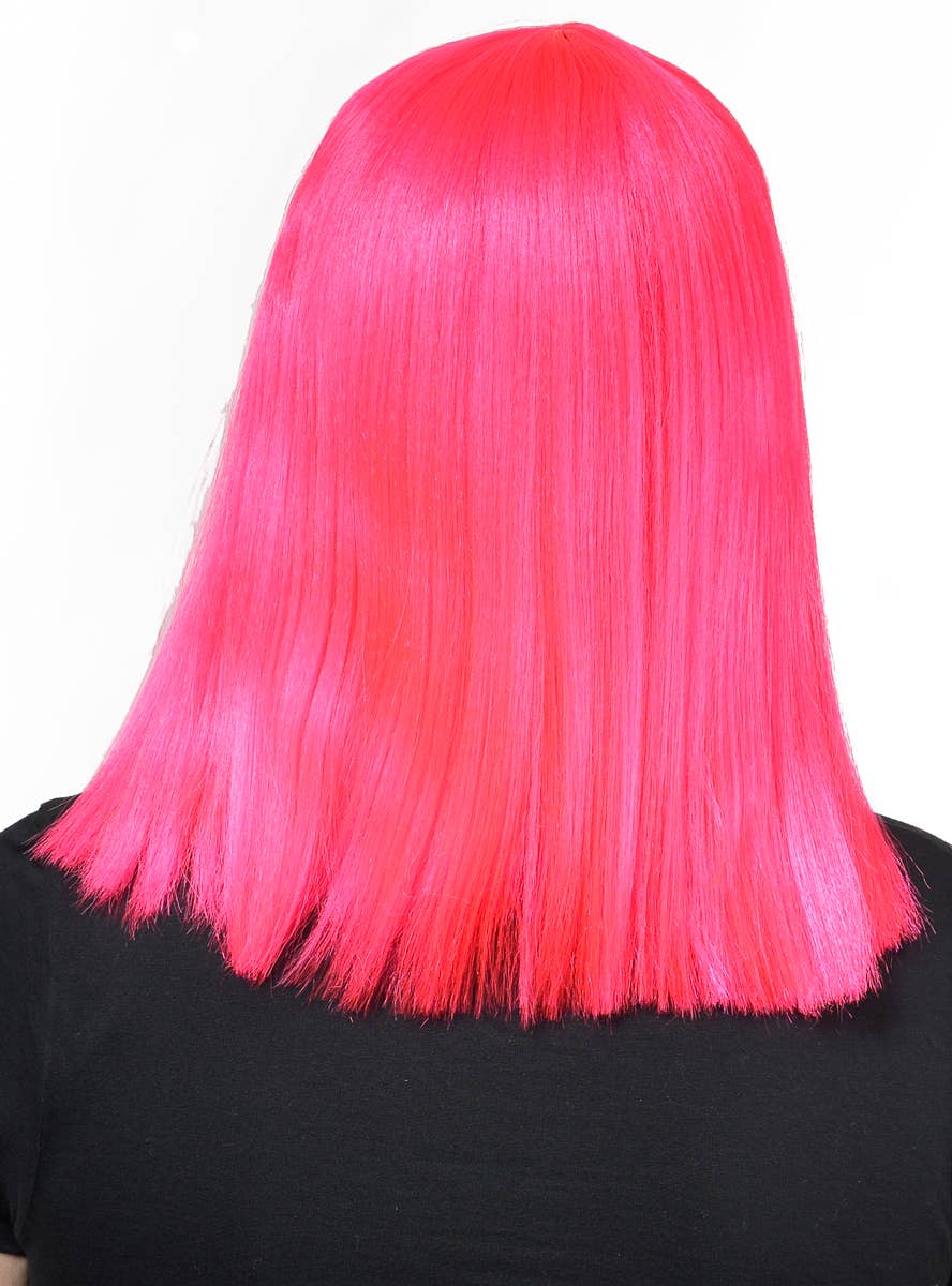 Image of Mid Length Hot Pink Women's Bob Wig with Fringe - Back View