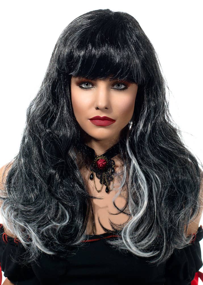 Image of Gothic Black and White Women's Halloween Costume Wig - Alternate Front View