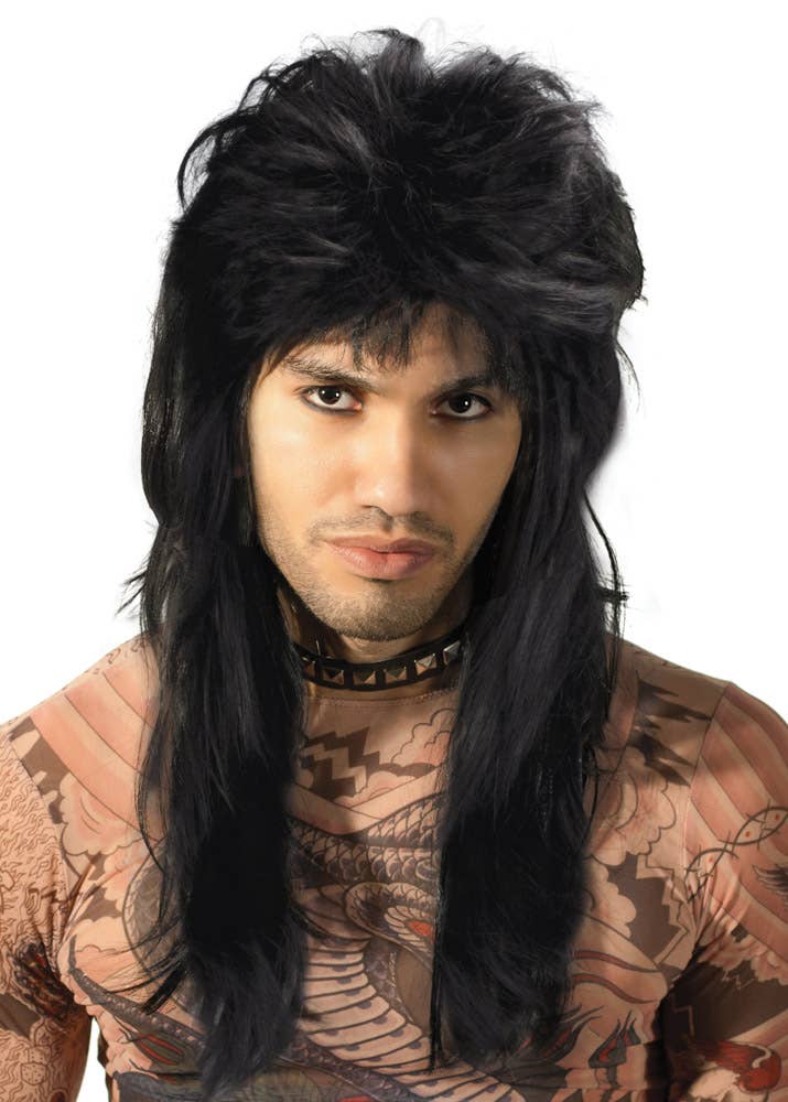 Men's Black Bogan Mullet Wig 80s Costume Accessory - Main Image