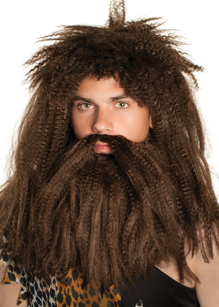 Caveman Men's Brown Prehistoric Costume Wig and Beard Set  