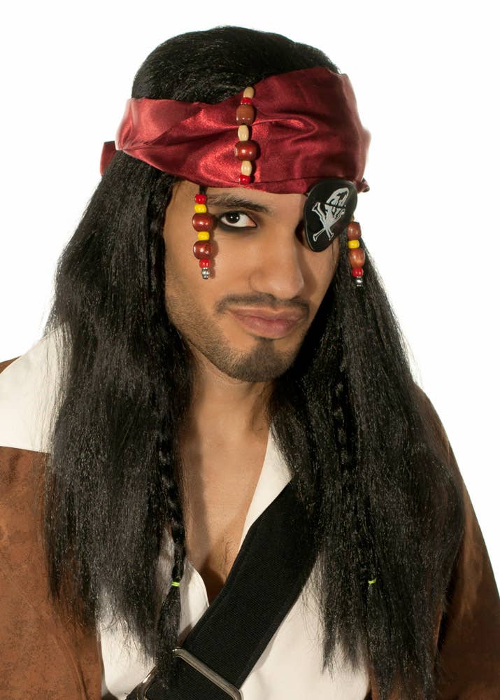 Image of Caribbean Pirate Men's Long Black Wig and Head Scarf - Alternate Image