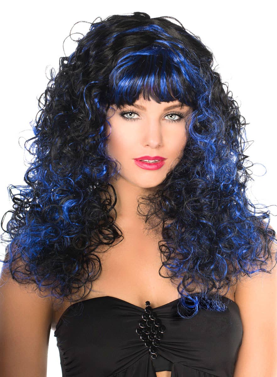 Women's Curly Black And Blue Costume Wig With Fringe Front