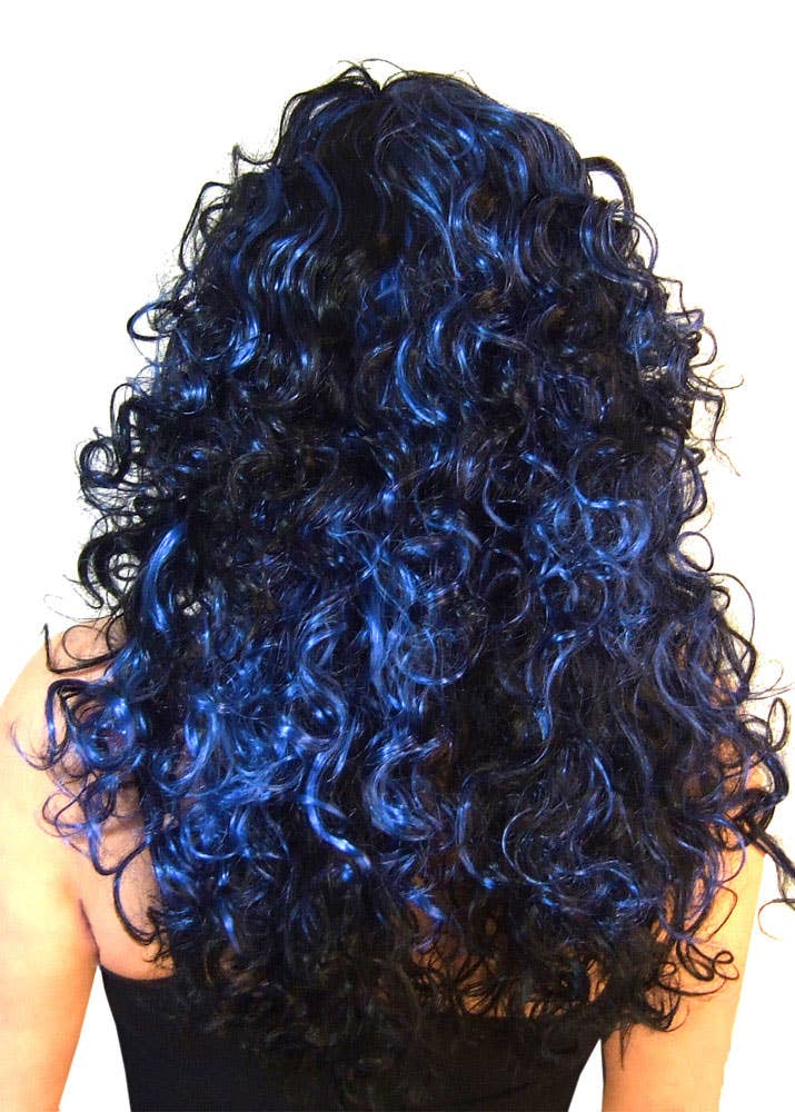 Women's Curly Black And Blue Costume Wig With Fringe Back