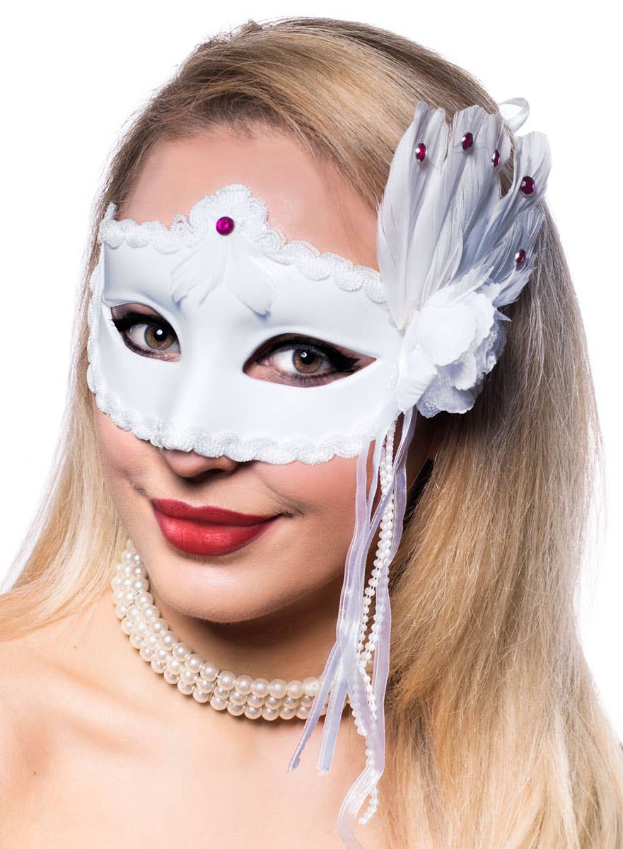 Masquerade Ball Women's White Mask with Feathers - Alt View