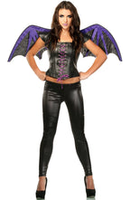 Women's Black and Purple Gothic Bat Halloween Costume Set with Wings and Top - Main View