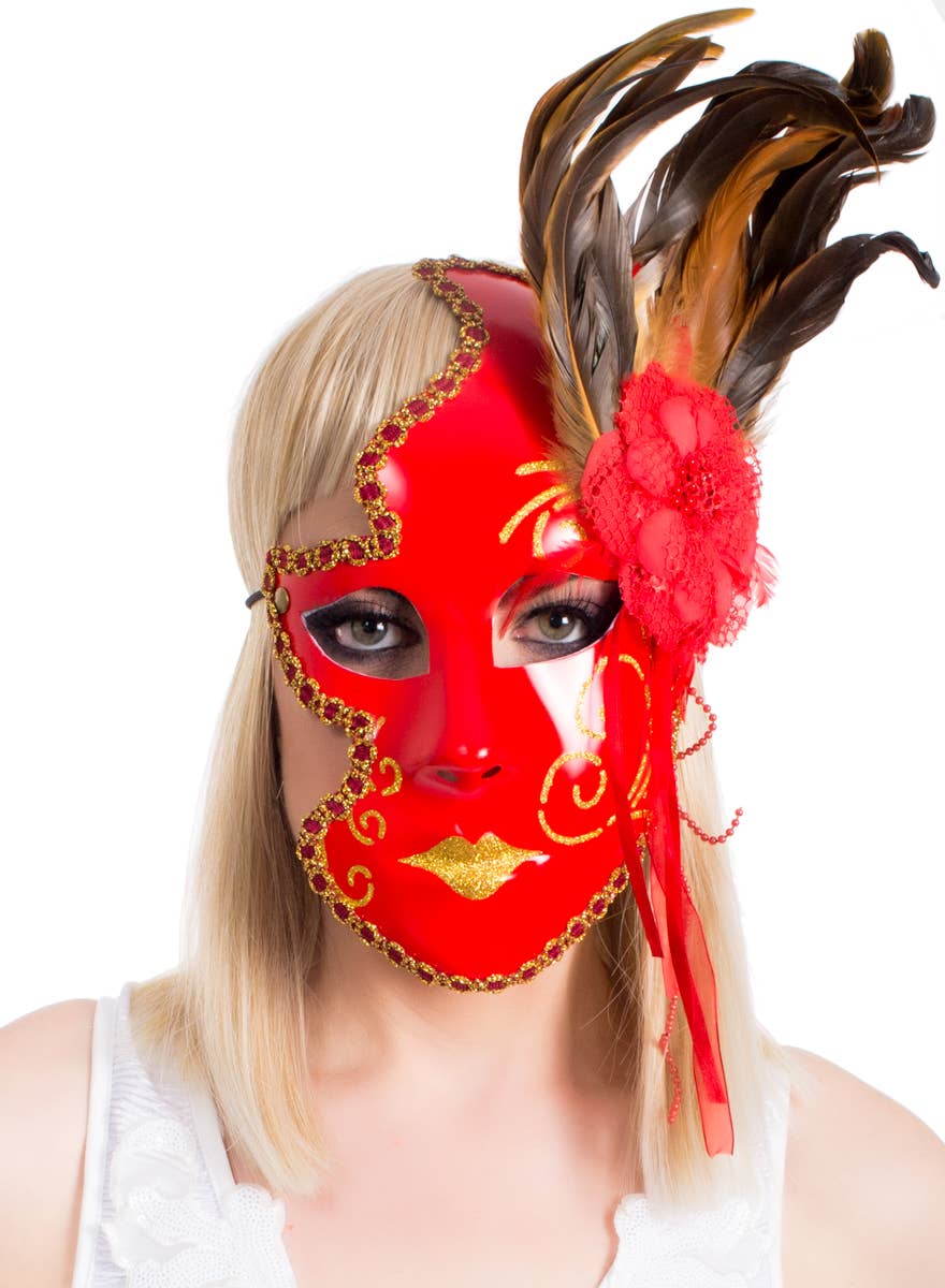 Red 3/4 Face Masquerade Mask With Feathers - Alternate Image 1