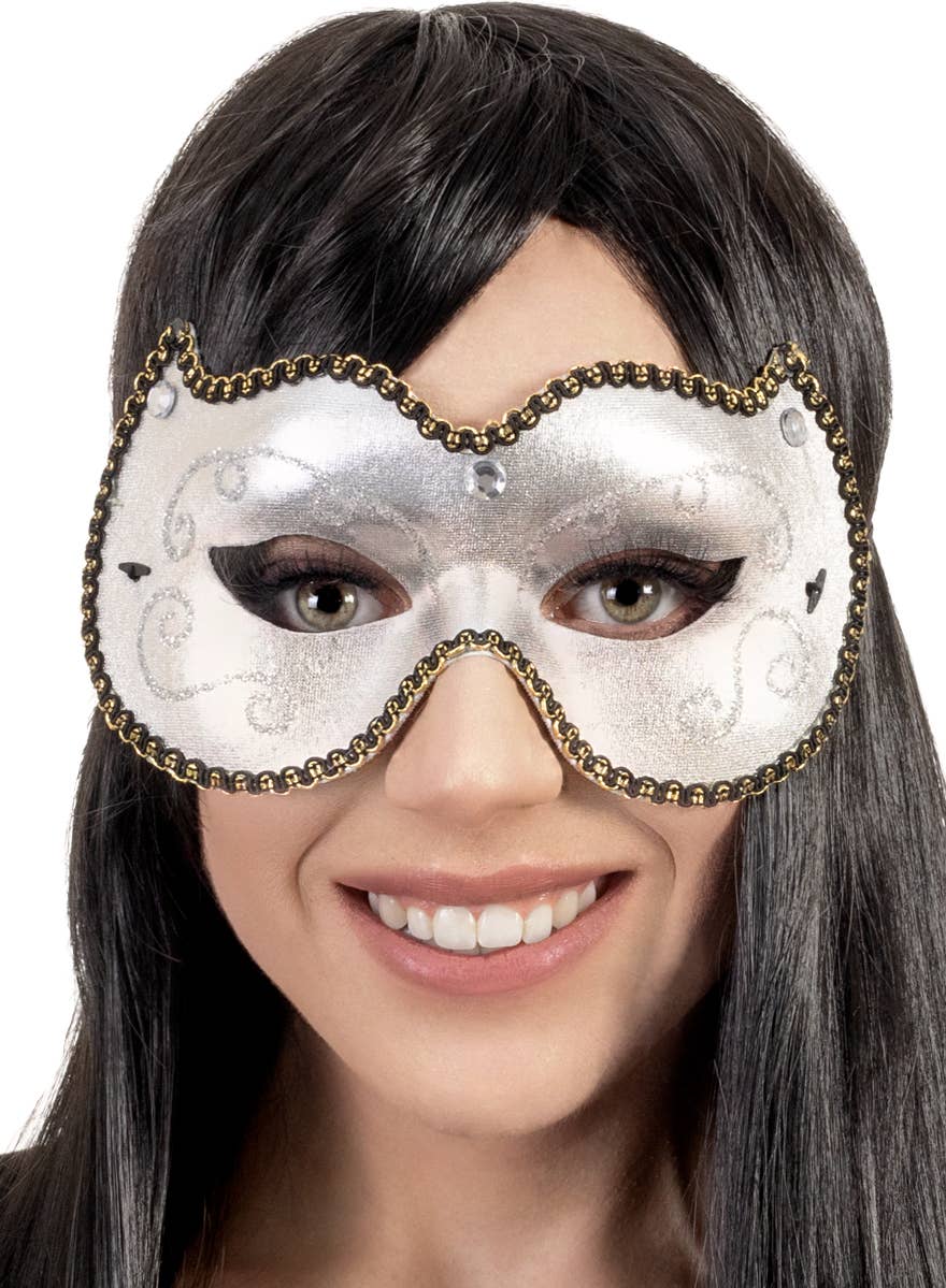 Silver and Black Vinyl Unisex Masquerade Mask Female View Main Image