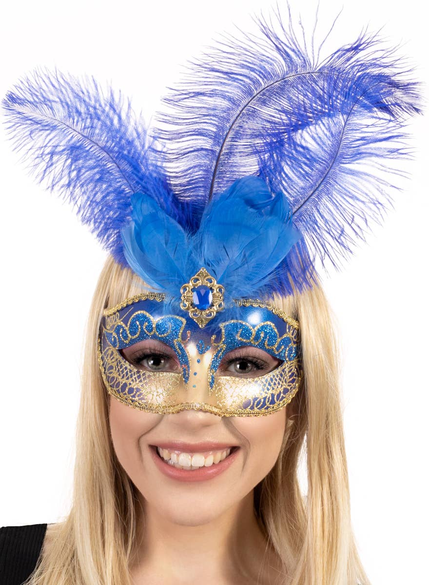 Womens Blue and Gold Masquerade Mask with Tall Feathers - Main Image