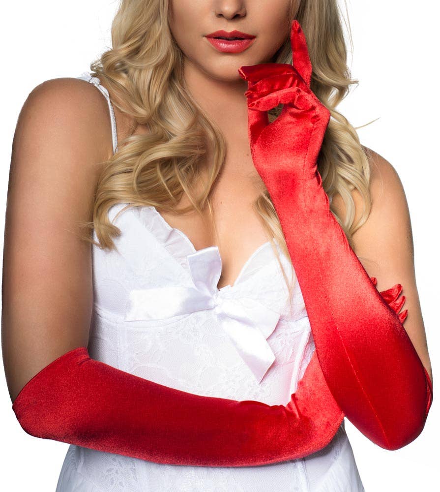 Women's Red Elbow Length Deluxe Satin Gloves Close Image