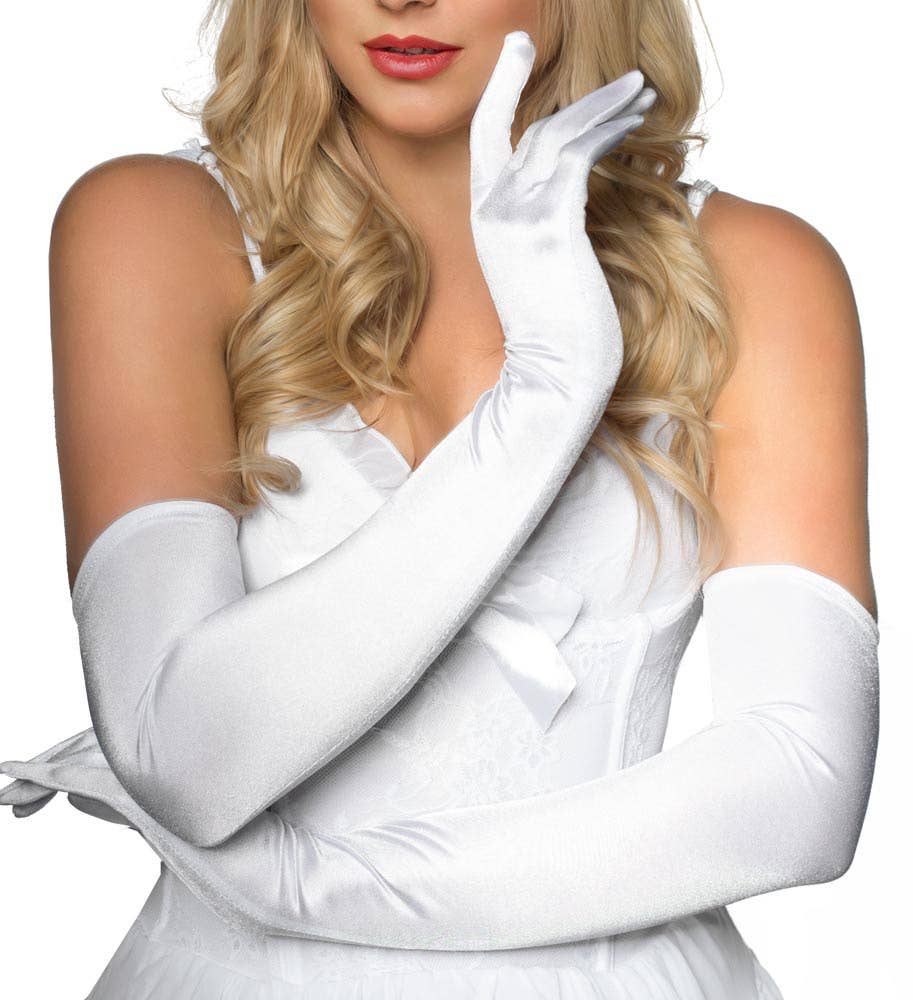White Elbow Length Women's Deluxe Satin Costume Gloves Close Image