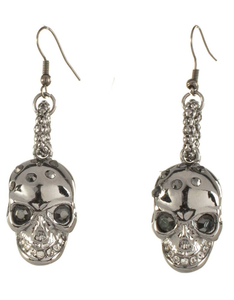 Gun Metal Grey Skull Women's Halloween Costume Earrings Close Up Image 1