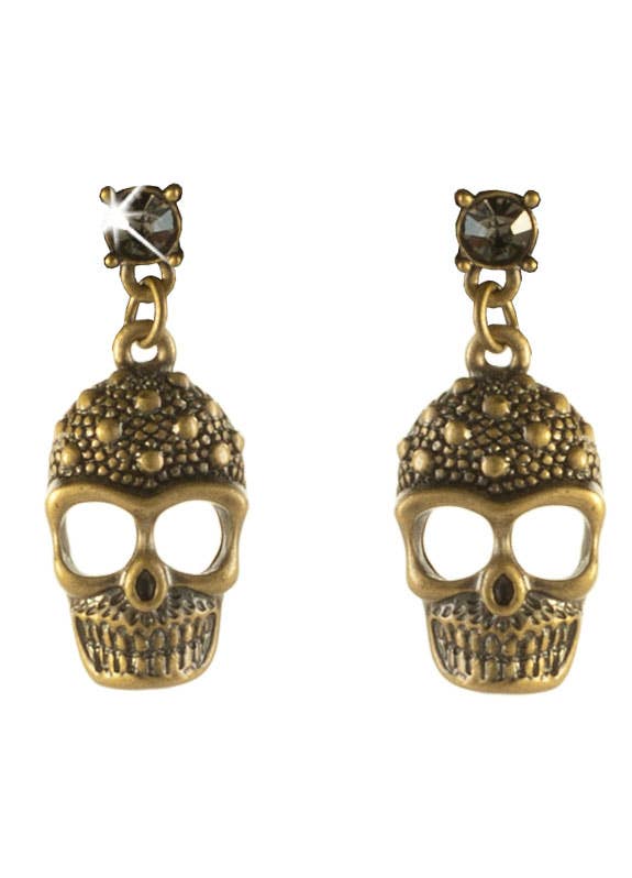 Women's Brass And Rhinestone Pirate Skull Stud Earrings Costume Accessory Close Up Image