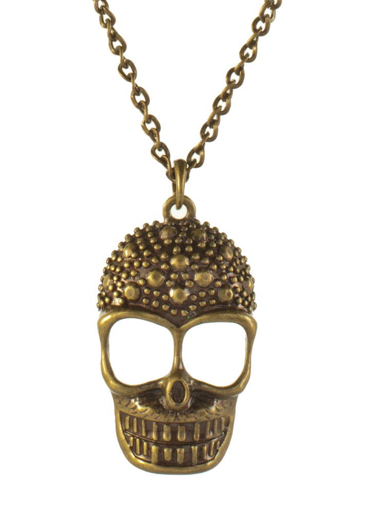 Women's Brass Pirate Skull Necklace Fancy Dress Costume Accessory Close Up Image