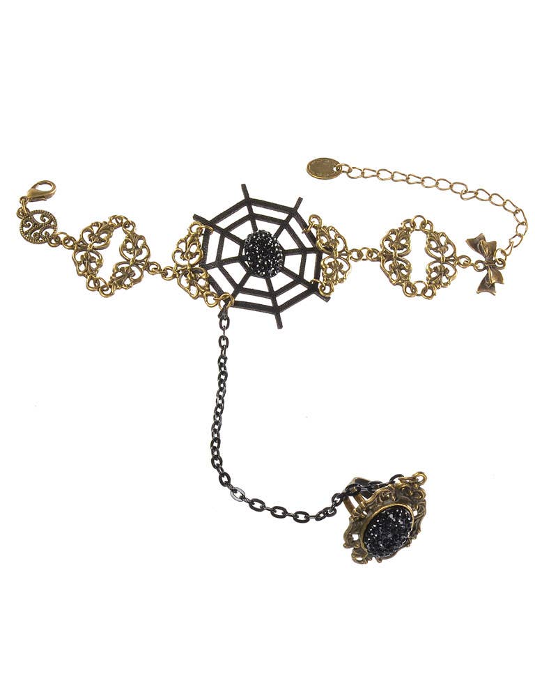 Women's Halloween Black And Gold Spiderweb Bracelet And Ring Costume Jewellery Set Close Up Image 2
