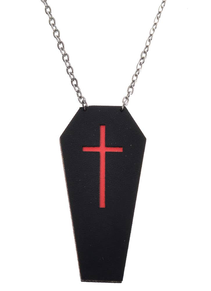 Women's Leather Black Coffin Necklace With Red Crosses On Chain Halloween Costume Jewellery Close Up Image 2