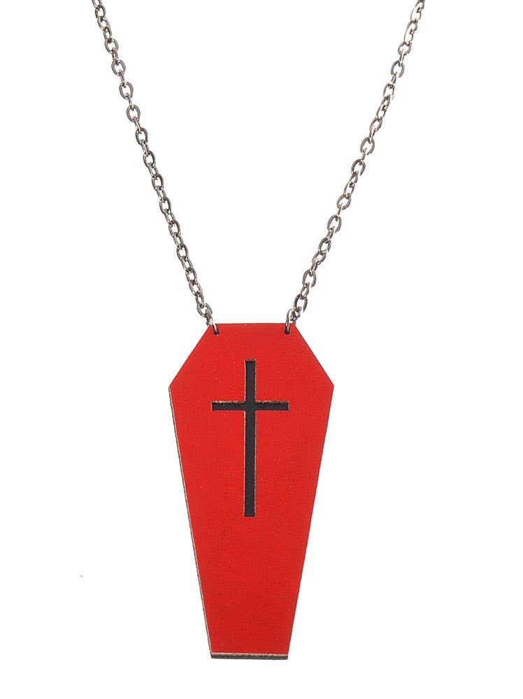Black And Red Leather Halloween Coffin Necklace With Cross Main Close Up Image