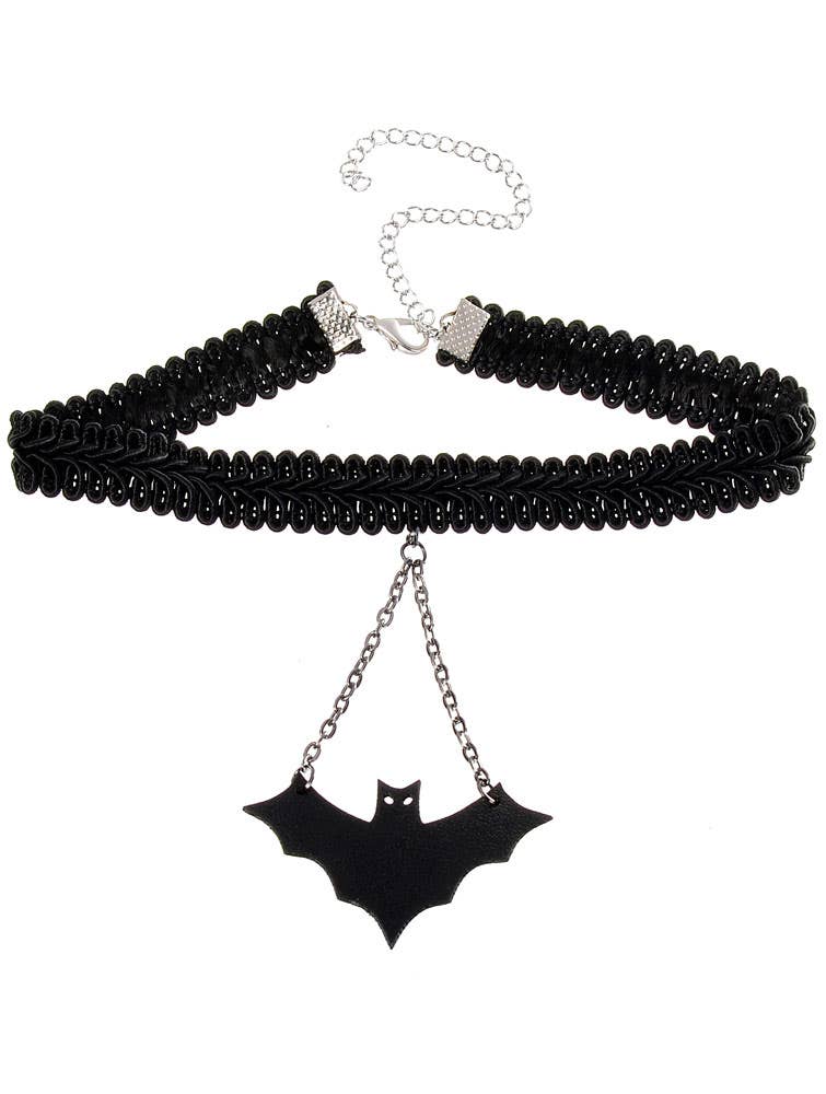 Braided Black Halloween Choker Necklace with Faux Leather Bat Pendant - Alternative View