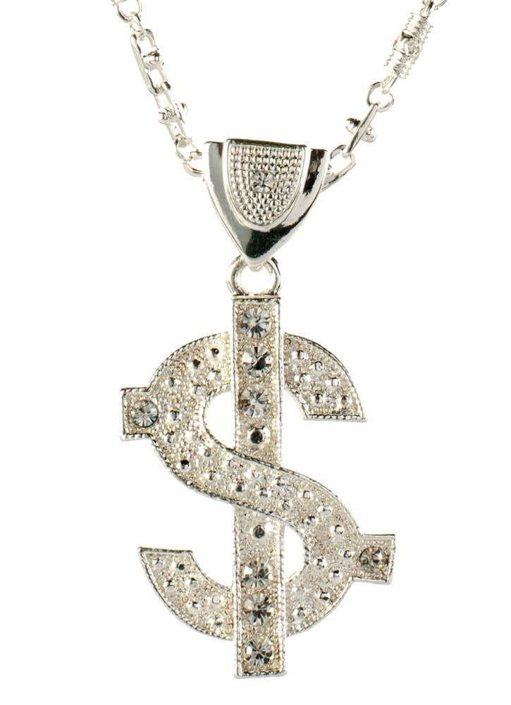 Deluxe Silver Pimp Bling Dollar Sign Costume Necklace - Alternative Image 1