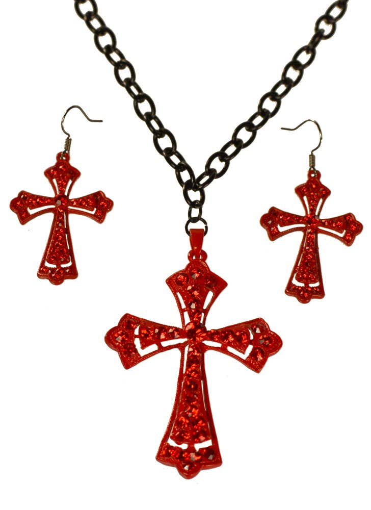 Women's Red Gothic Cross and Earrings Halloween Costume Jewellery Set  Close Up Image